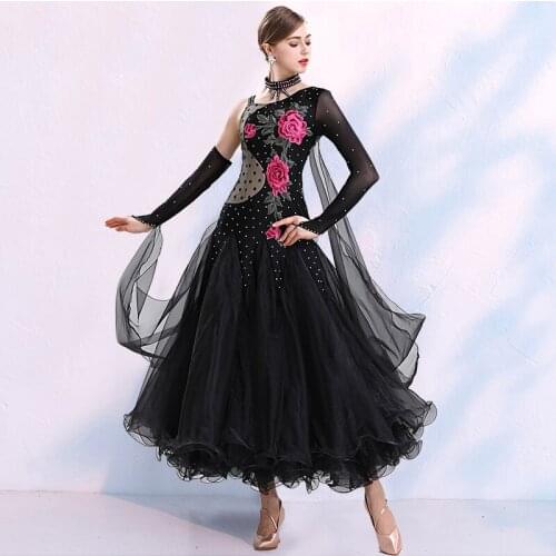 Professional Ballroom Dance Clothing Women Rhinestone Rose Embroidery Dress For Waltz Tango Competition Dance Clothing DWY2175