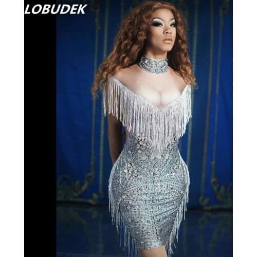 2019 Sexy Fashion Silver Tassel Rhinestones Short Dress Birthday Party Elastic Tight Dress Women Singer Bar Nightclub Stage Wear