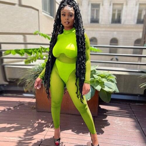 Mesh Sheer Patchwork Bodycon Jumpsuit Long Sleeve Women Fall Clothing Sexy Romper Night Clubwear Birthday Outfits Dropshipping