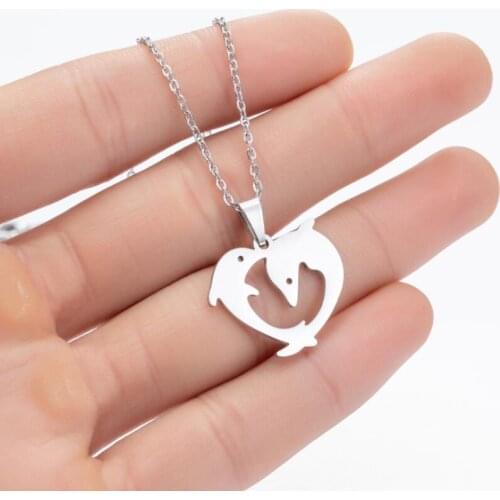 Unique Stainless Steel Loving Dolphin Necklace Sea Fish Collars Jewelry Love Heart Charm Choker Women Girl Statement Lover Gift