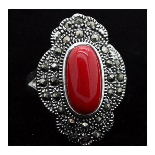 24*16mm Vintage 925 Silver Oval Red Coral Marcasite Ring Size 6/7/8/9