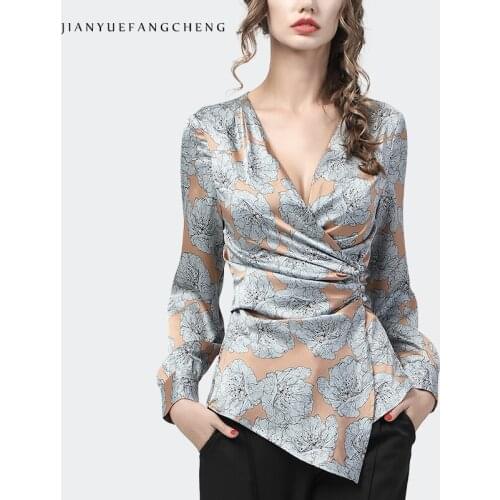 Rich Peony Flowers Print Satin Blouse Women Long Sleeve V-Neck Irreguar Button-Down Shirt Elegant Sexy 2021 Autumn Casual Tops