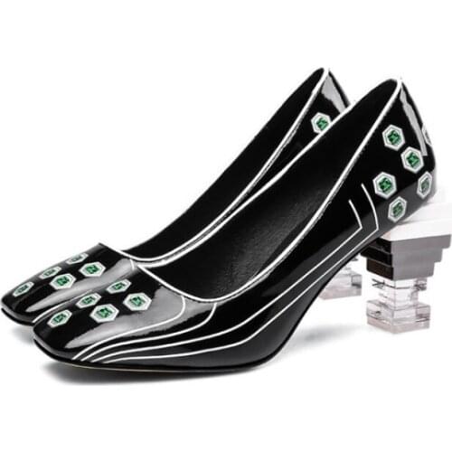 Summer Runway Women Square Toe Transparent Strange High Heels Pumps Loafers Genuine Leather Party Printed Wedding Shoes Big Size