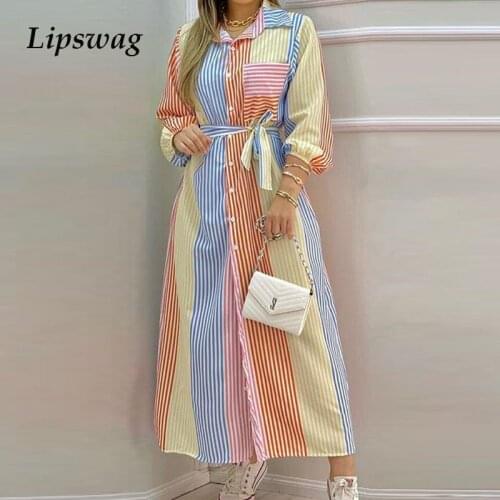 Women Sexy Colorful Patchwork Shirt Dress Spring Single Breasted Button Slit Party Dress 2021 Autumn Long Sleeve Maxi Dress Belt