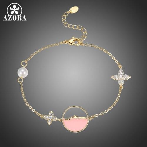 AZORA Unique Face Shape Pearl Bracelet for Women Girl Daily Party Pear Cut Clear Cubic Zircon Flower Fashion Jewelry Gift TS0209