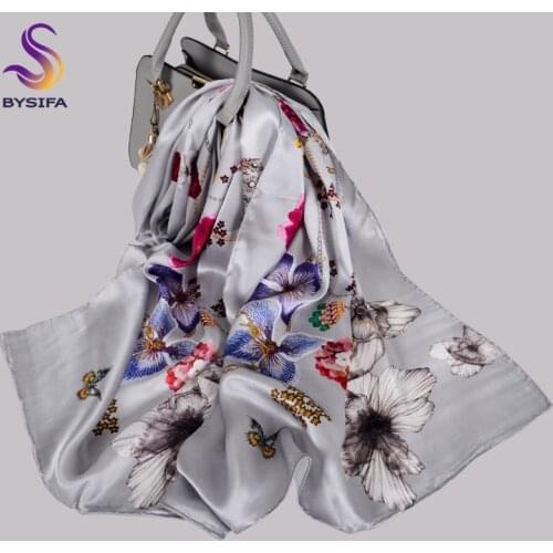 [BYSIFA] New Spring Silver Grey 100% Silk Scarf Shawl Women Luxury Natural Silk Long Scarves Floral Design Fall Winter Scarves