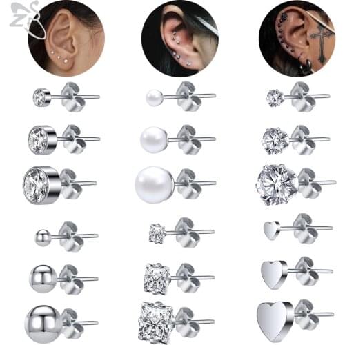 ZS 18 Pairs/lot 3/5/8MM CZ Crystal Stud Earrings For Women Men Heart Round Stainless Steel Ear Helix Conch Cartilage Piercings