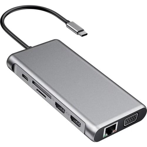 12In1 USB Type C Hub for Dual 4K USB3.0 USB2.0 Pd Charging VGA Audio Jack RJ45 3.5mm with Adapter