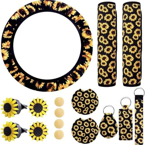 16 Pcs Sunflower Car Accessories for Women Steering Wheel Cover Seat Belt Coaster Keyrings Lanyard for Car Interior