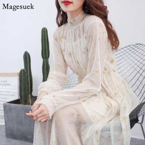 2021 Vintage Embroidery Mesh Dress Women Puff Sleeve Party Club Casual Dress Female Two-piece Summer Midi Dresses Vestidos 12992