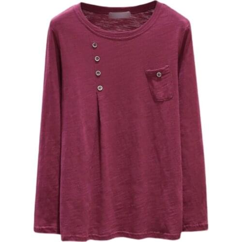 2021 Tops Women Casual Button T-Shirt Fashion Korea Round Neck T shirt Cotton Long Sleeve Pocket Plus Size Tops