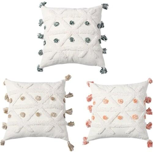 Bohemian Woven Tufted Throw Pillow Case with Tassels Pompom Modern Geometric Triangle Plaid Pattern Square Cushion Cover