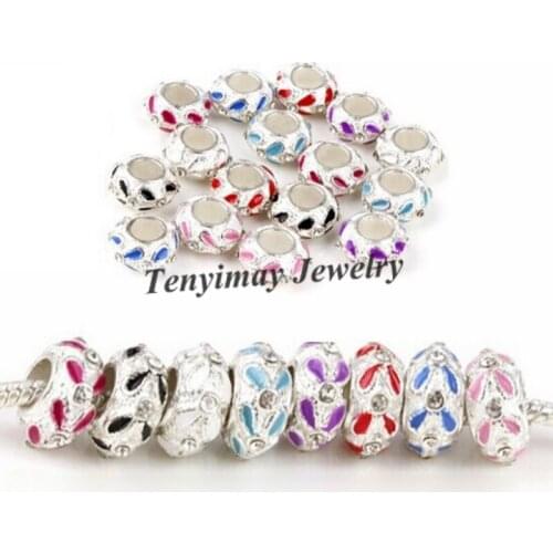 Mixed Color Enamel Charm Beads With Crystal For Snake Chain European Big Hole Beads 100pcs Wholesale