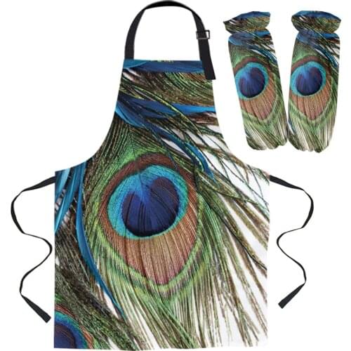 Peacock Feather Art Women Apron Brief Adult Kids Apron Cuff Oven Mitts Kitchen Baking Cooking Accessories Bib Aprons