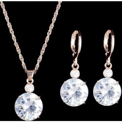 Fashion Jewelry Set Round Rhinestone Pendant Necklace Bridal Leaverback Earrings