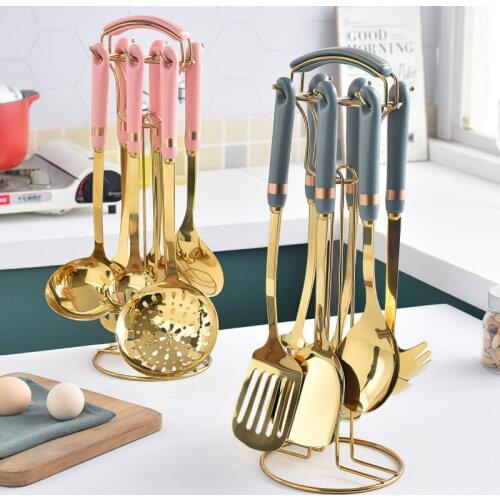 Stainless Steel Kitchenware Set Multicolor Ceramic Handle Golden Cooking Supplies Spatula Soup Spoon Household Kitchen Supplies
