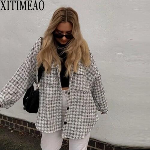 New Fashion Women Lapel Long Sleeve Autumn Winter Tweed Shirt Casual Coat Loose Plaid Shirt Jacket
