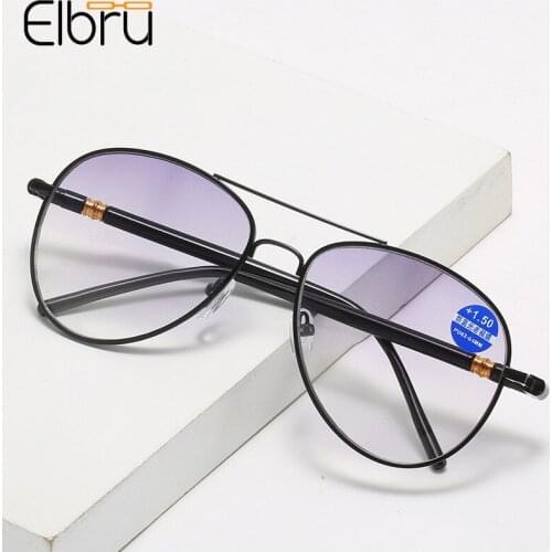 Elbru Men Women Bifocals Reading Glasses HD Anti Blue Light Presbyopic Eyeglasses Vintage Pilot Metal Eyewear Diopters +1.0 +3.5