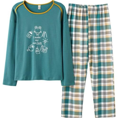 Autumn Cotton Broad Legs Pijamas Women Long Sleeve Pajama Set Round Neck Plus Size Pajamas 2 Piece Sets Casual Print Loungewear