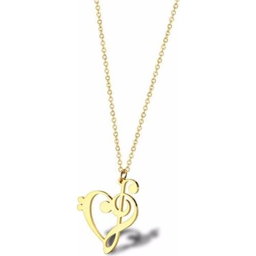 RIR Stainless Steel Gold Delicate Heart Shaped Bass Clef Necklace Music Note Treble Clef Pendant Necklace For Women