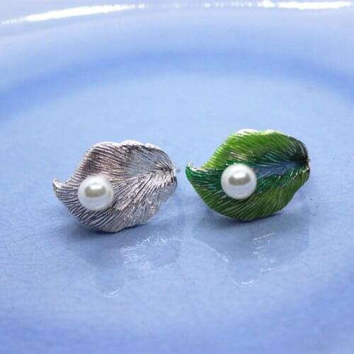 Folk-custom Burning Cloisonne Leaf Pearl Opening Adjustable Lovers Enamel Rings Fashion Creative Jewelry Gifts Wedding Ceremony