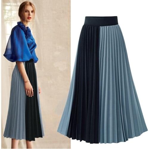 Summer Skirts for Women High Waist Elegant A-line Pleated Skirt Female Empire Casual Chiffon Skirt Midi Blue Apricot