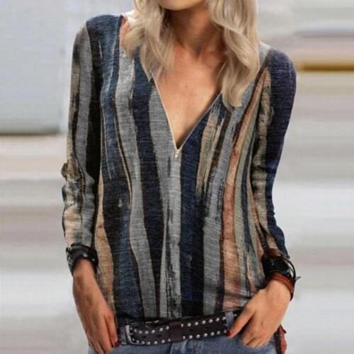 Women Blouse Long Sleeve V Neck Stylish Chic Striped Print Zipper Ladies Casual Streetwear Accessory Blouse Tie-Dye Slim Tops