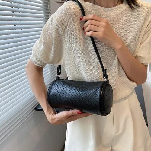 Retro Pu Cylinder Womens Shoulder Bag Casual Solid Woven Underarm Handbag Women High Quality Zipper Crossbody Bag Woman 2021