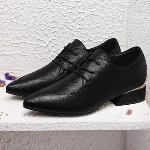 Autuspin PU Leather Women Casual Loafers Pointed Toe Low Heels Pumps Female Lace Up Oxfords Shoes Office Ladies Footwear Beige