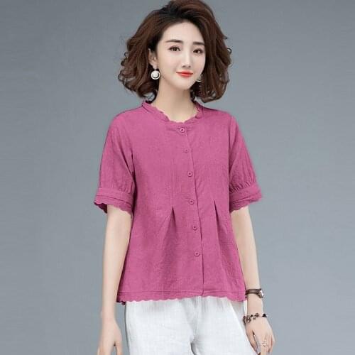Plus Size Women Cotton Linen Casual Shirts New Arrival 2021 Summer Simple Style Vintage Lace Collar Loose Female Tops S3371