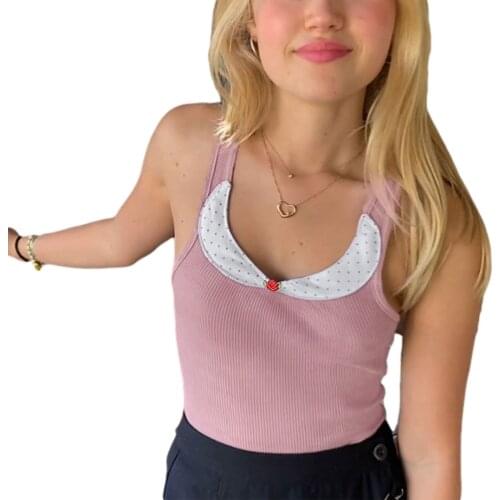 Womens Rib Knit Tank Tops, Casual Sleeveless Polka Dots Patchwork Slim Fit Crop Tops