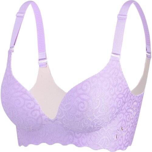 Women Seamless Embroidery Bra A B C D 38 40 42 Thick Cup Hollow Minmizer Female Plus Size Push Up Adjustable Wireless Bralette