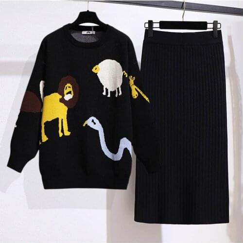150Kg Plus size womens fashion cartoon suit bust 152cm 5XL 6XL 7XL 8XL 9XL temperament casual sweater skirt blaxk gray