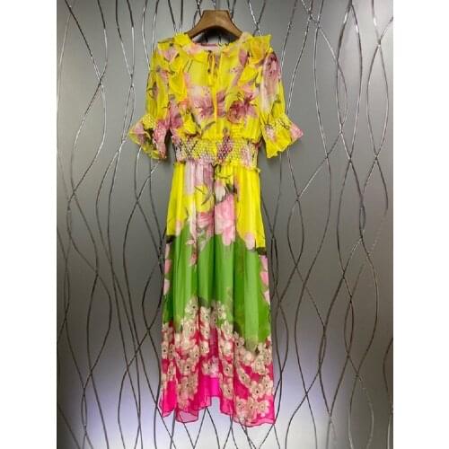 High Quality Runway Long Dress 2021 Summer Fashion Women Charming Floral Print Ruffle Deco Short Sleeve Maxi Dress Yellow White