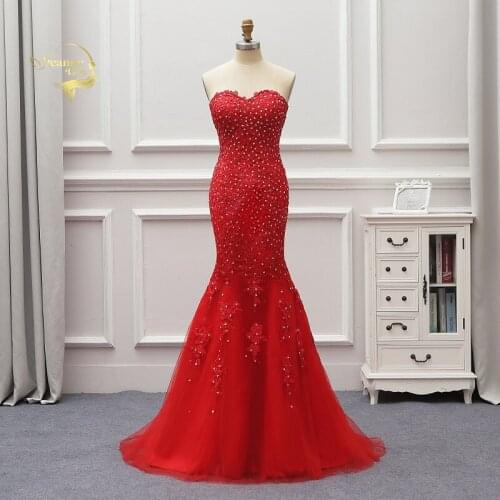 Fashion Red Mermaid Evening Dresses Vestido De Noiva 2019 Lace Lady Dresses Lace Up Back Prom Party Gowns Robe De Soiree EV08