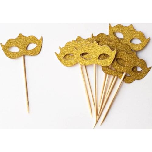 Gold Masquerade Mask Cupcake toppers . Bacheloretter party . Bridal shower . Wedding decor . Photo props