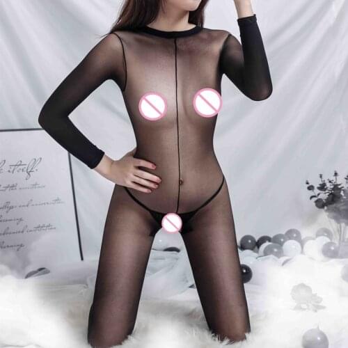 2021 Transparent Jumpsuit Womens Sexy Bodystockings Long Sleeve Nylon Underwear Open Crotch Pajamas Uniform Temptation Lingerie