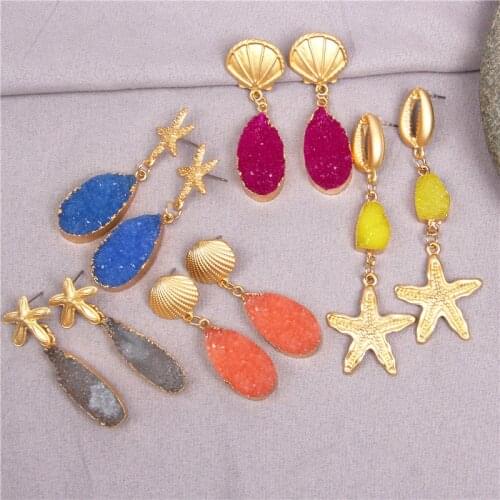 2021 Druzy Quartzs Drop Earrings For Women Crystal Earrings Summer Beach Metal Shell Statement Dangles Jewelry Bohemian Female