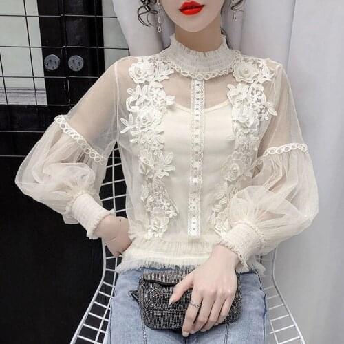 2021 fashion new all-match western style mesh half high neck blouse suspenders two-piece lace bottoming shirt women
