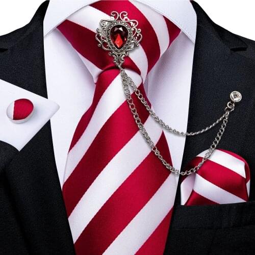 Fashion Red And White Striped Silk Ties For Men Luxury Red Crystal Brooch Chain 8cm Business Wedding Male Casual Gravata DiBanGu