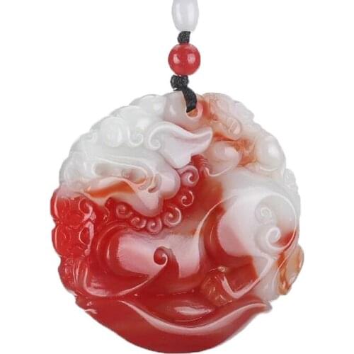 Mens Necklace Pendant Red White Jades Carved Anmail Brave Troops Pendant Gift for Males Fashion Jewelry Free Chain