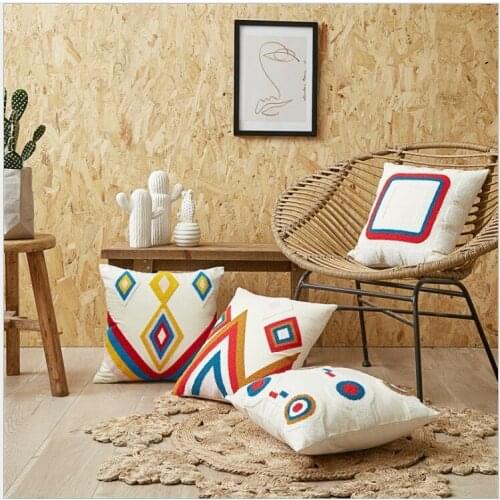 Cotton Canvas Geometric Embroidery Pillow Cover Beige Blue Red Home Decor Cushion Cover Sofa PillowCase Pillow Sham 45x45cm