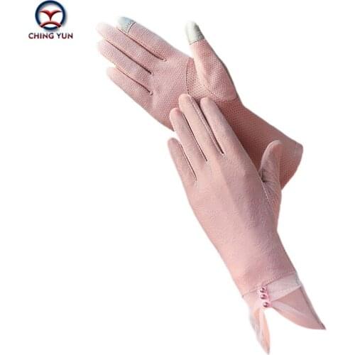 New Summer ice silk sun protection gloves for women ultraviolet-proof thin medium long Driving slip touch screen lace gloves