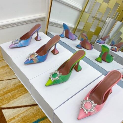 New Fashion Rhinestone Sunflower Fancy High Heels Horseshoe Heel Baotou Sandals Pointed Back Empty Slippers Women