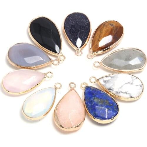 New Natural Stone Water Drop Shape Section Rose Quarts Lapis Lazuli Pendants for Jewelry Making DIY Necklace Size 16x30mm