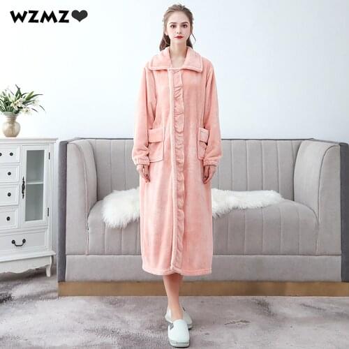 Autumn Winter Thicken Lengthen Flannel Robe Wedding Dresses Warm Plus Size Bathrobe Female Fashion Buttons Night Dress Nightgown