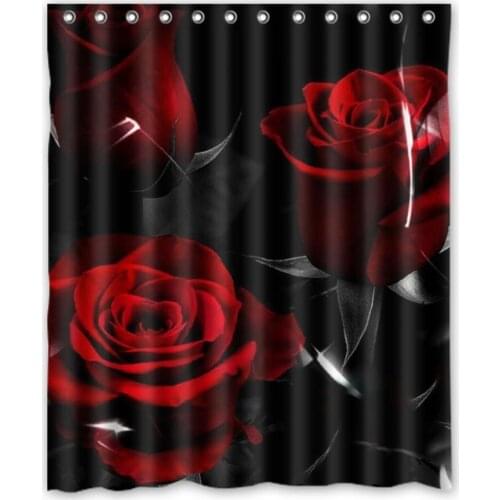 Custom Fabric Waterproof Polyester Flower Shower Curtain Glam Fire Red Rose and Black Leaves Home Bathroom Curtains