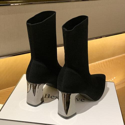 2021 Winter Fashion Women Boots Beige Pointed Toe Elastic Ankle Boots Heels Shoes Autumn Winter Female Socks Boots