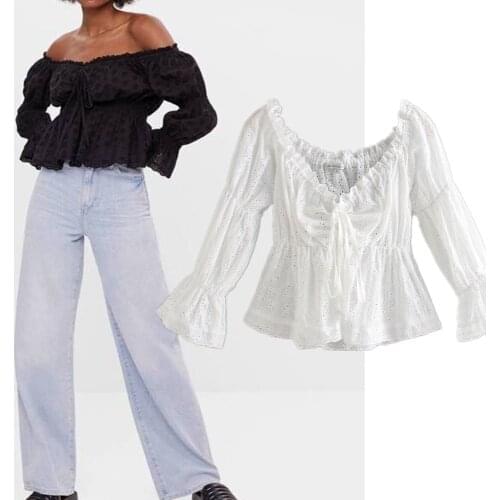 Women Shirts Za 2021 Fashion Lace Slash Neck Chiffon Lace Blouse Ruffles Elastic Collar Petal Sleeve Chic Sexy Mujer Tops