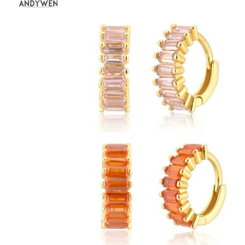 ANDYWEN 100% 925 Sterling Silver Gold Colorful Pink Orange Zircon Hoops Huggies Piercing Pendiente Luxury Jewelry For Women